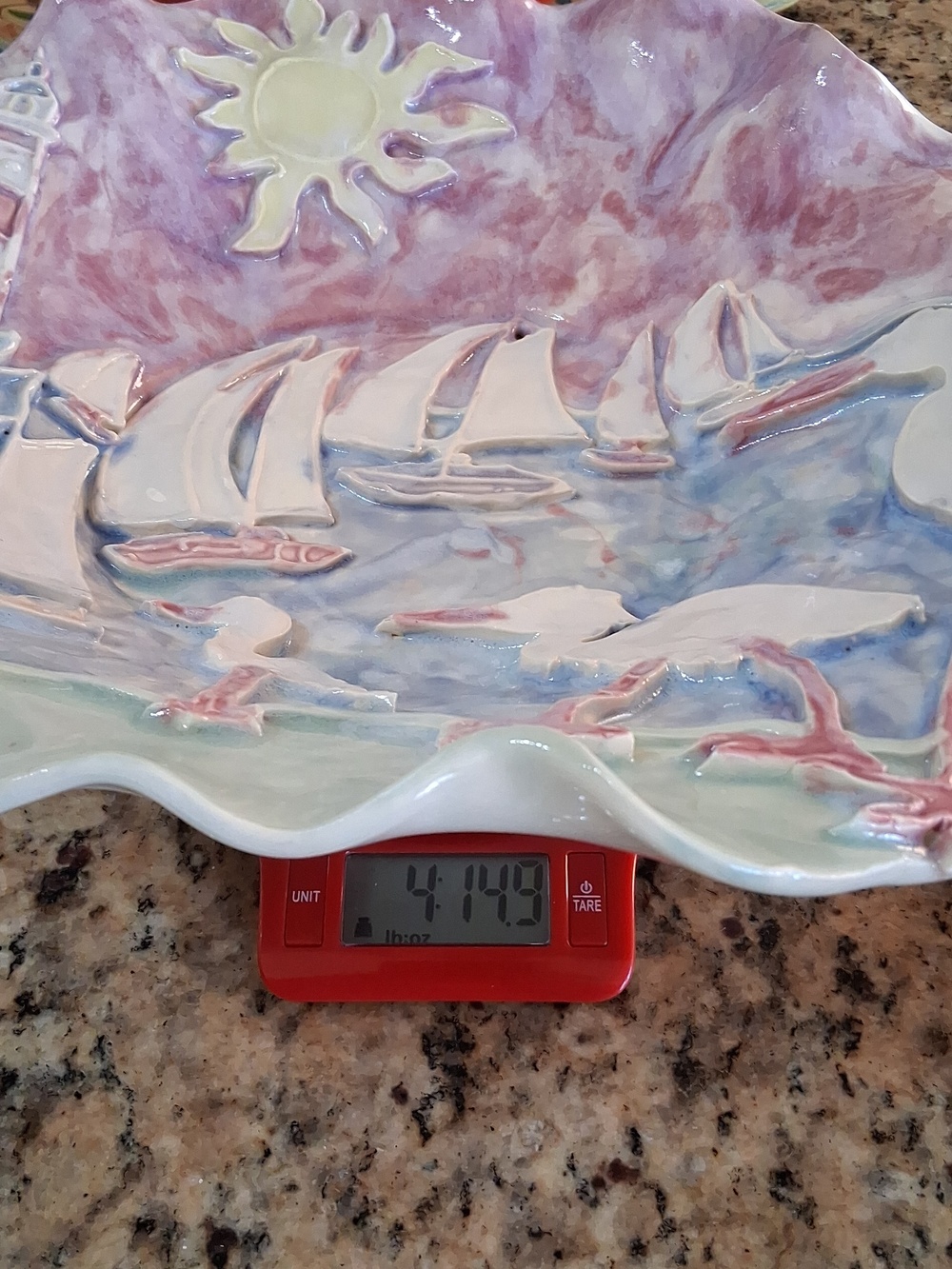 Unique 3D Handcrafted Coastal Ceramic Center Bowl Art W/Pastel Sea Life Theme. - Picture 12 of 15